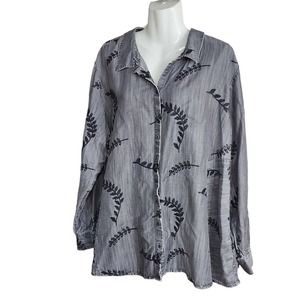 Soft Surroundings Womens Denim Button Up Long Sleeve Embroidered Top Size 3X